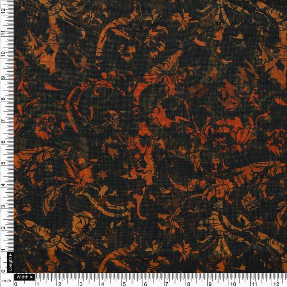 Black & Orange Baroque Damask Pattern Organza Fabric - Image 4