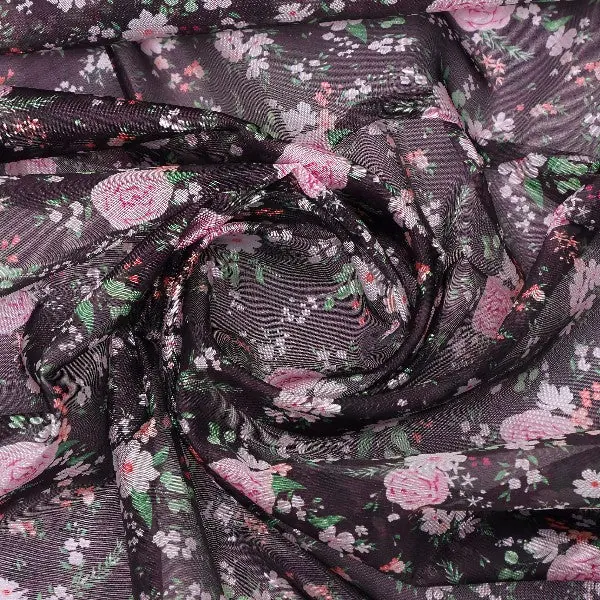 Black Organza Floral Print Fabric - Image 2