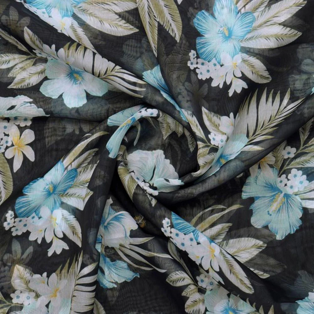 Black Organza with Blue & White Tropical Floral Print - Image 2