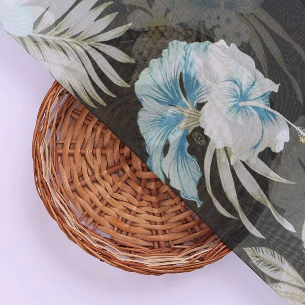 Black Organza with Blue & White Tropical Floral Print - Image 3