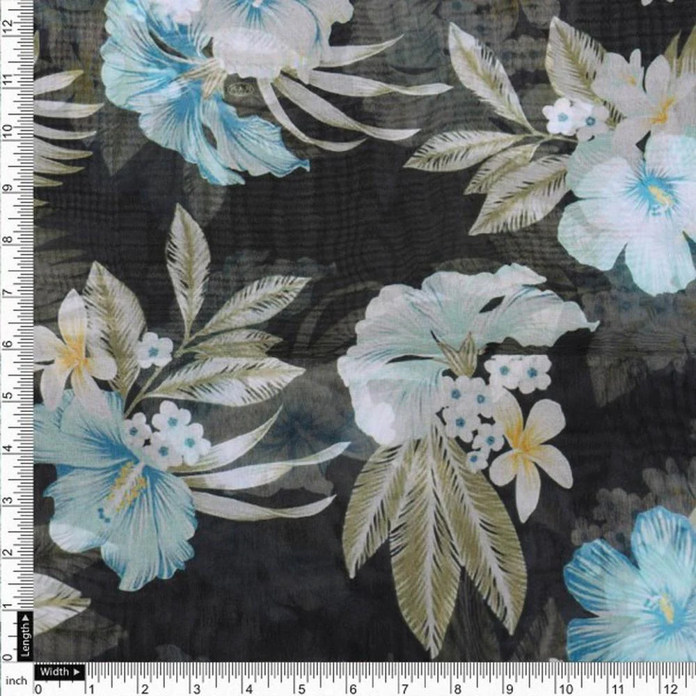 Black Organza with Blue & White Tropical Floral Print - Image 4