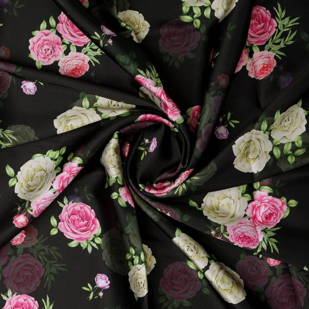 Black & Pink Rose Floral Printed Japan Satin Fabric - Image 2