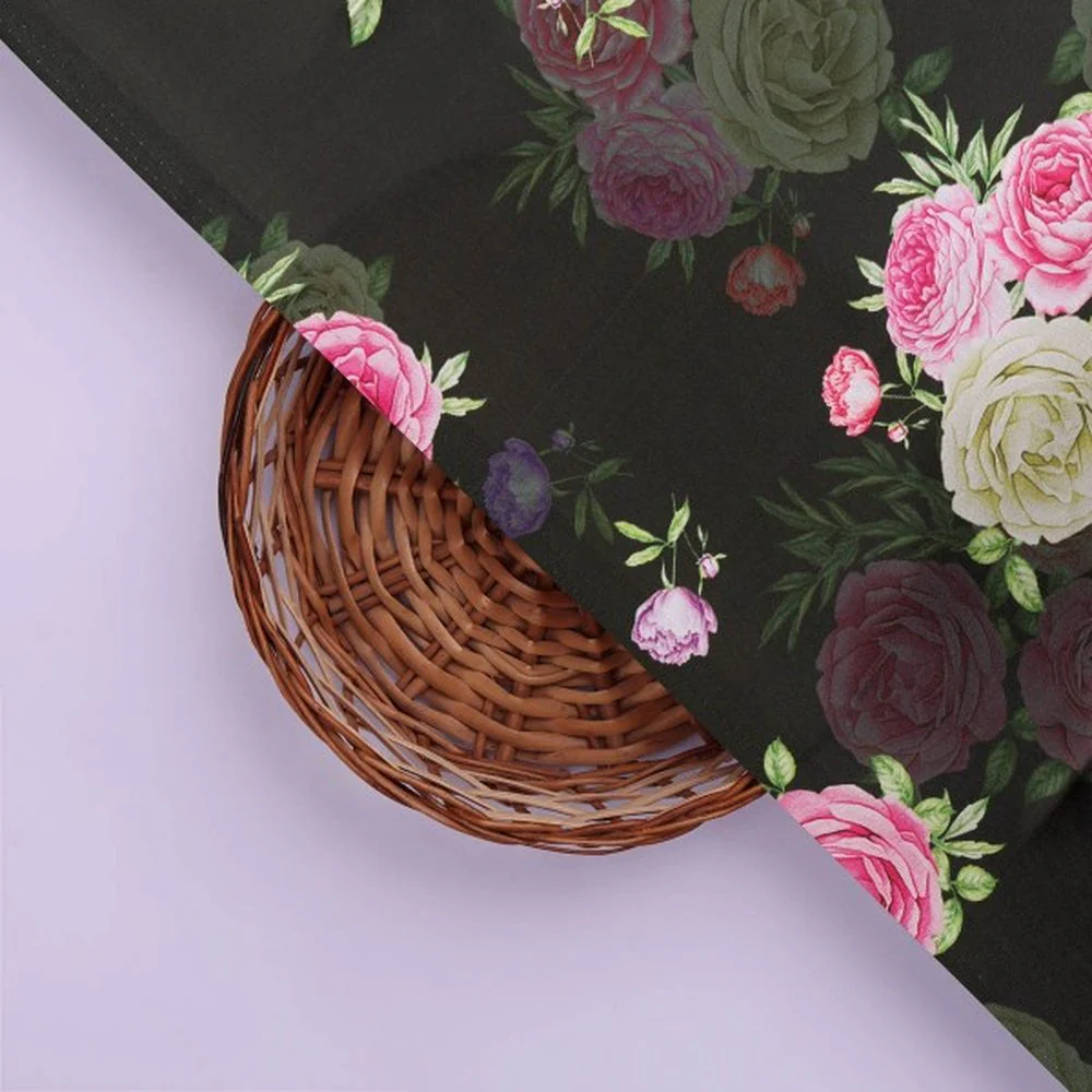 Black & Pink Rose Floral Printed Japan Satin Fabric - Image 3