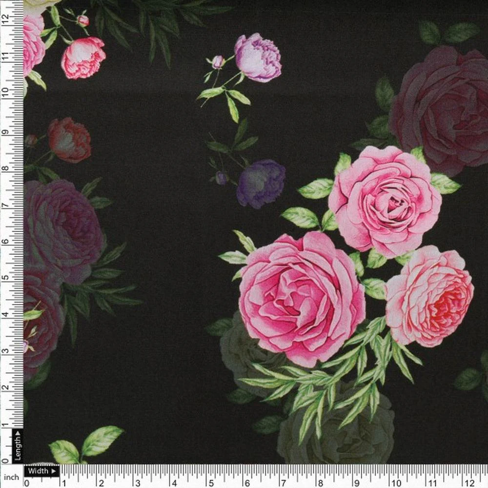 Black & Pink Rose Floral Printed Japan Satin Fabric - Image 4