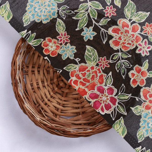 Black Tusser Silk with Red Floral Print - Image 3