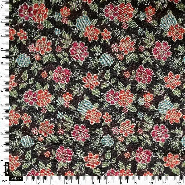 Black Tusser Silk with Red Floral Print - Image 4