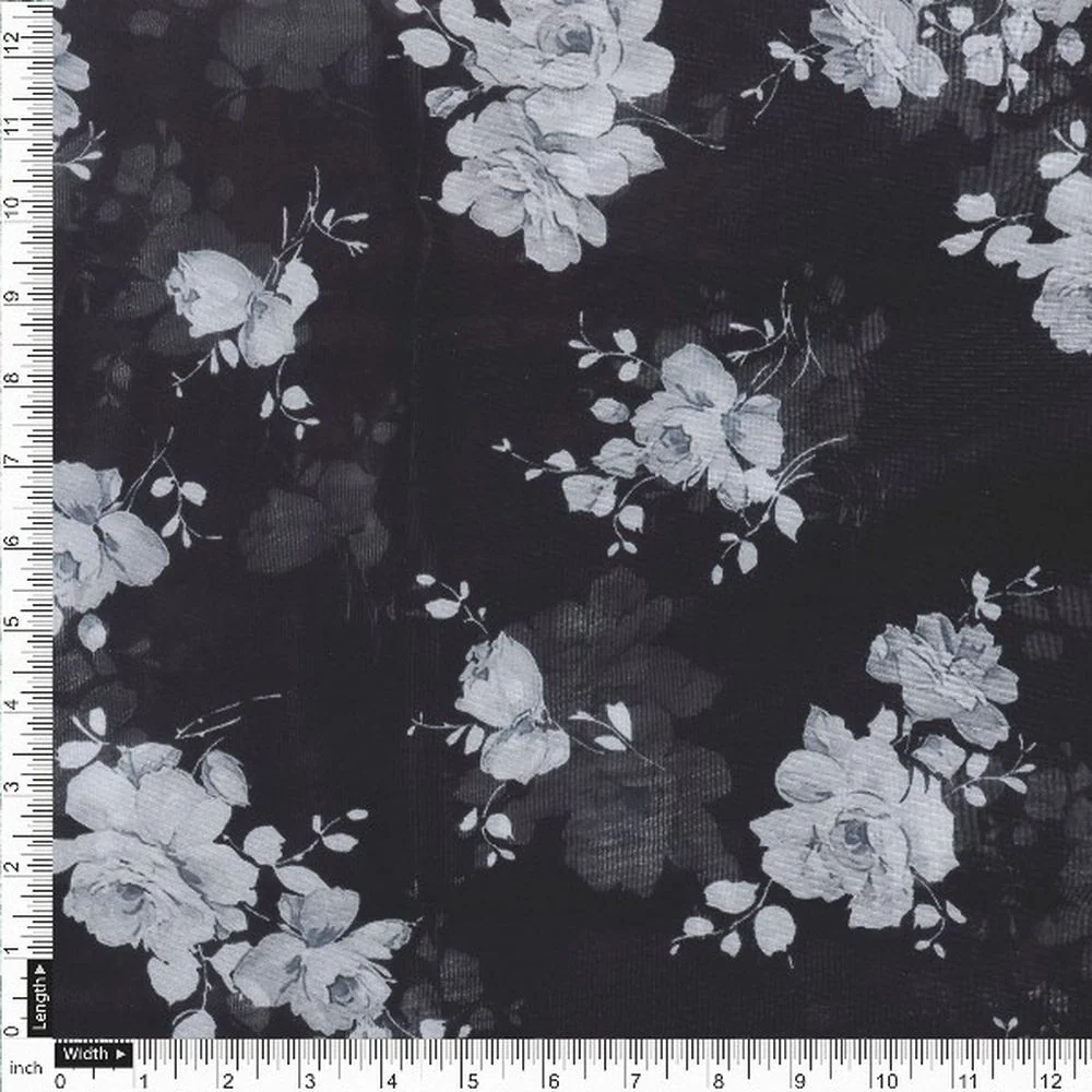 Black & White Floral Organza Fabric - Image 4