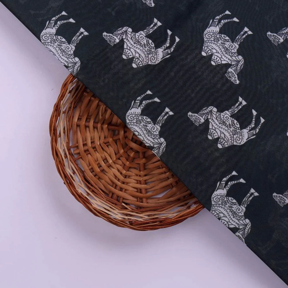 Black & White Intricate Camel Pattern Chanderi Fabric - Image 2
