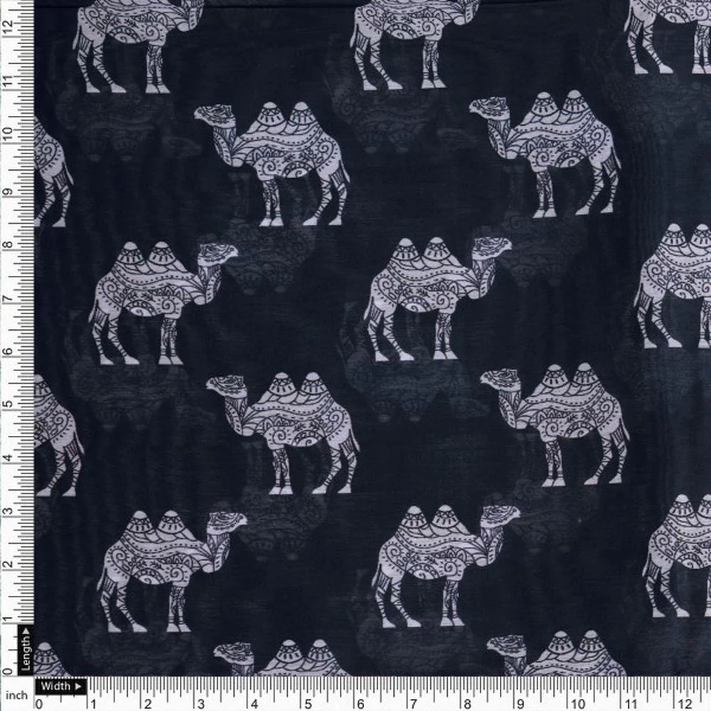 Black & White Intricate Camel Pattern Chanderi Fabric - Image 4
