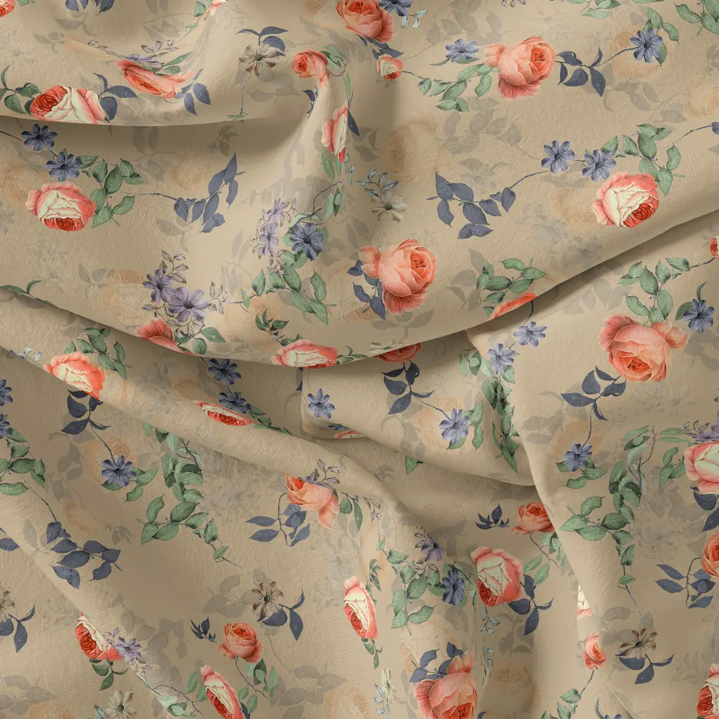Blooming Orange Roses With Purple Floral Digital Printed Fabric - Image 4