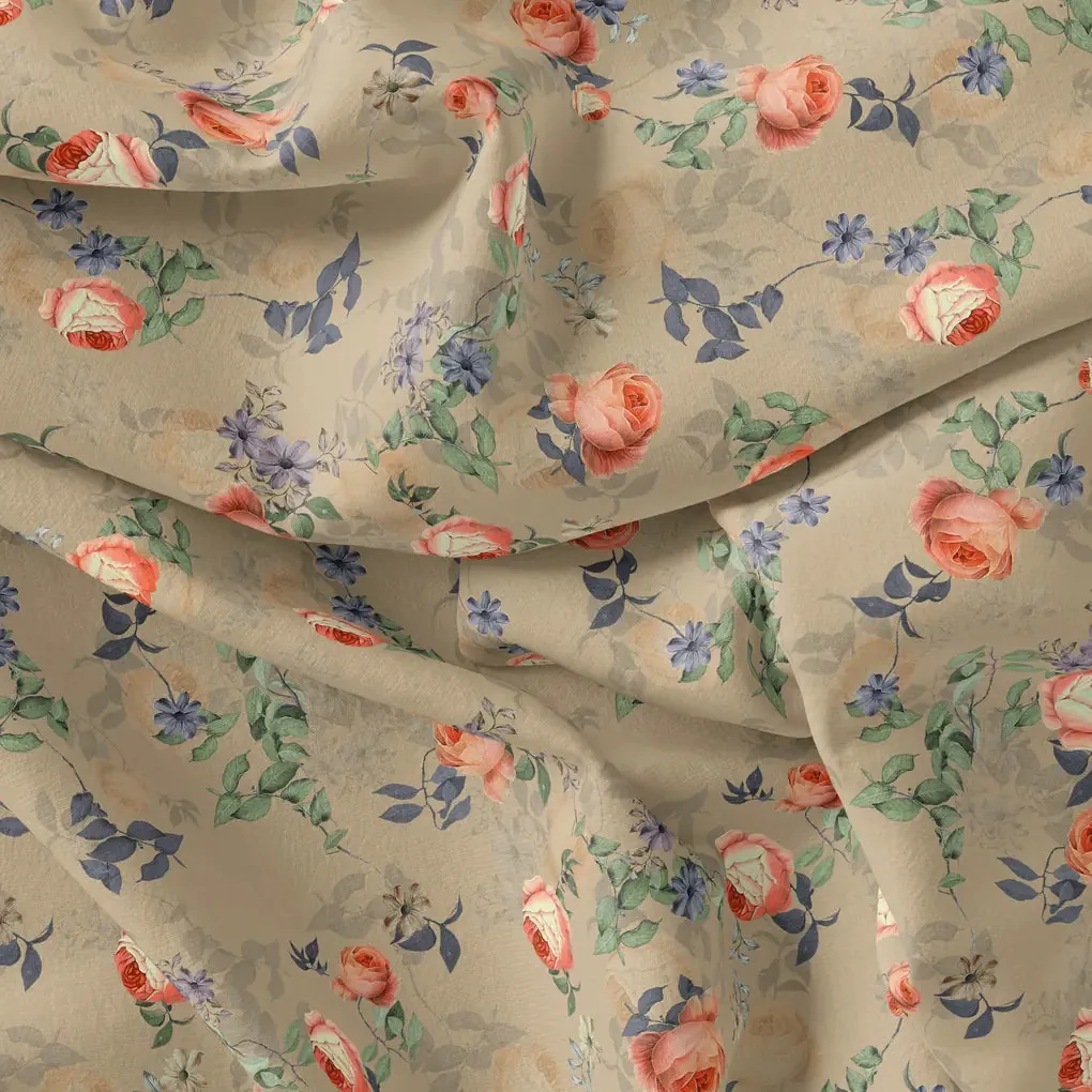 Blooming Orange Roses With Purple Floral Digital Printed Fabric - Poly Muslin - Image 4