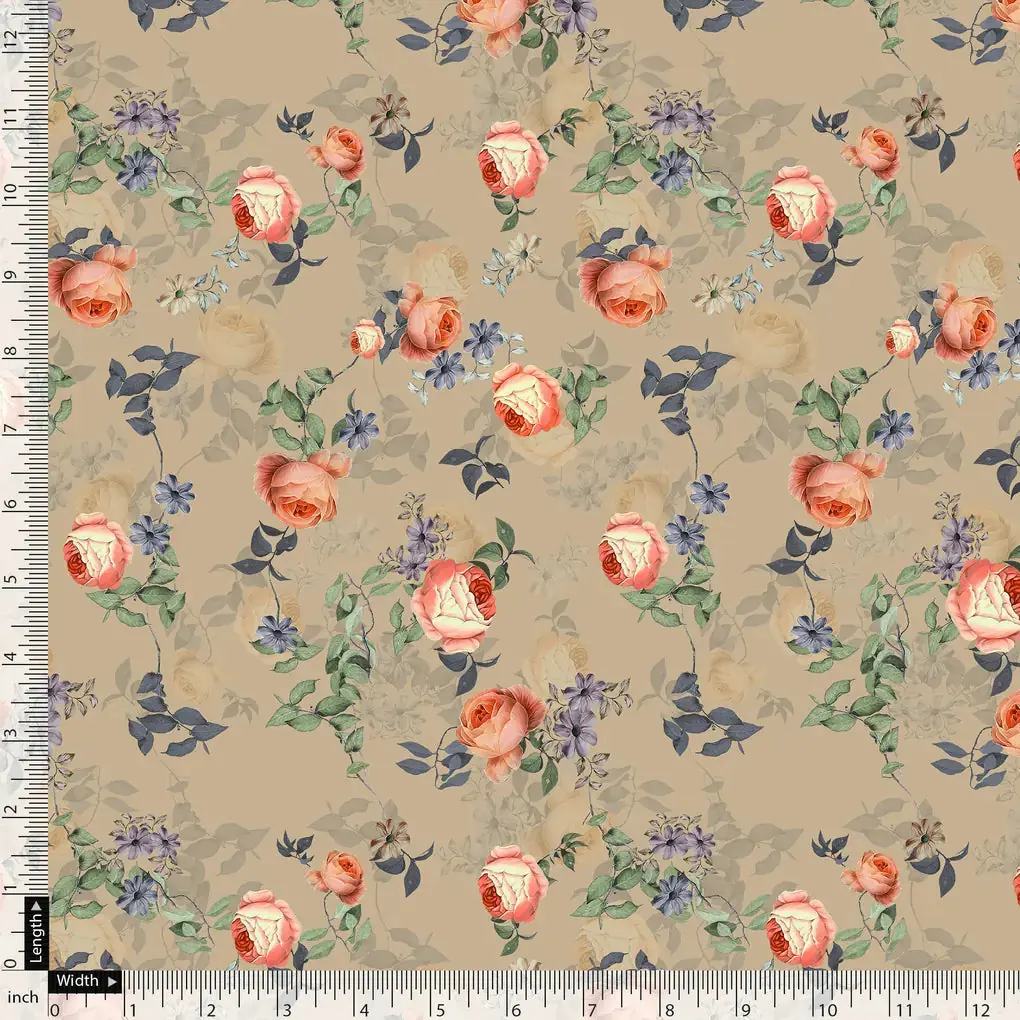 Blooming Orange Roses With Purple Floral Digital Printed Fabric - Poly Muslin - Image 5