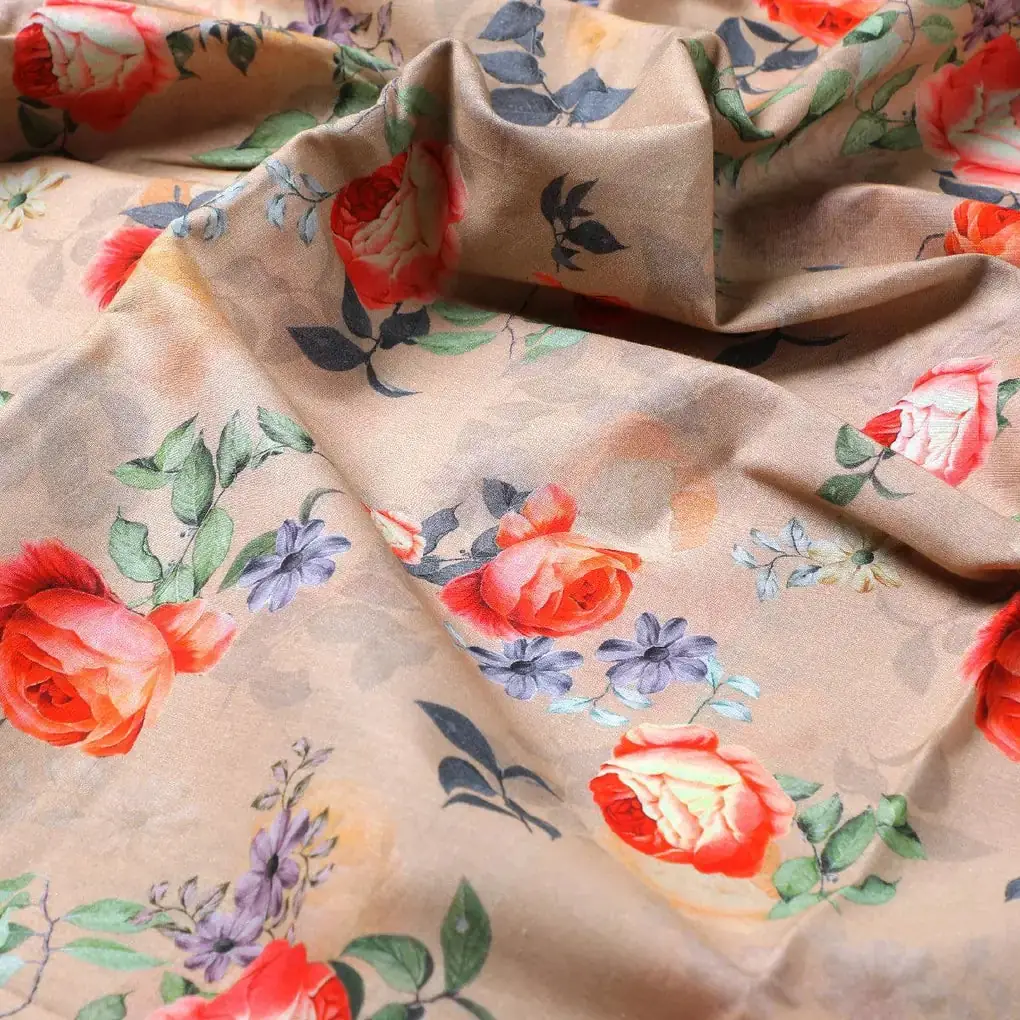 Blooming Orange Roses With Purple Floral Digital Printed Fabric - Pure Cotton - Image 3