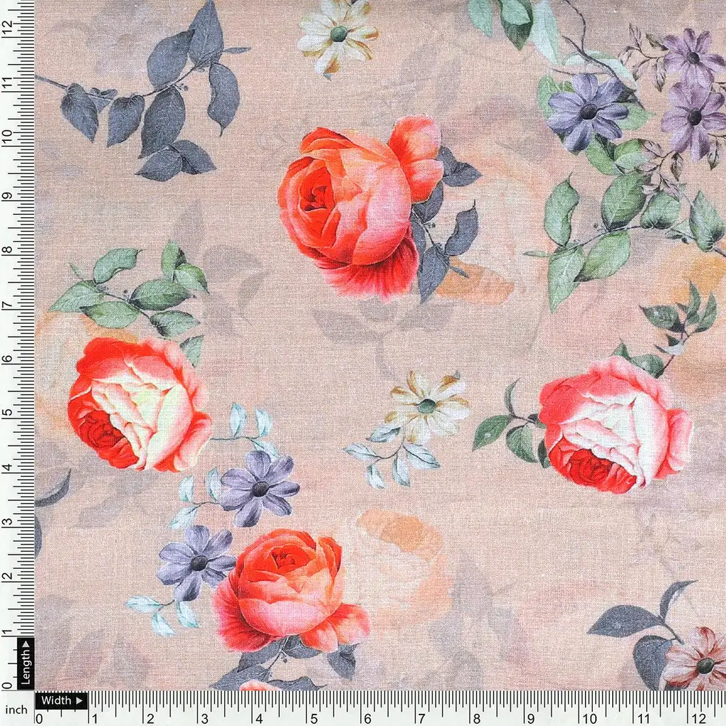 Blooming Orange Roses With Purple Floral Digital Printed Fabric - Pure Cotton - Image 4