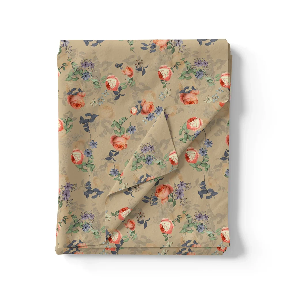 Blooming Orange Roses With Purple Floral Digital Printed Fabric - Pure Georgette - Image 3