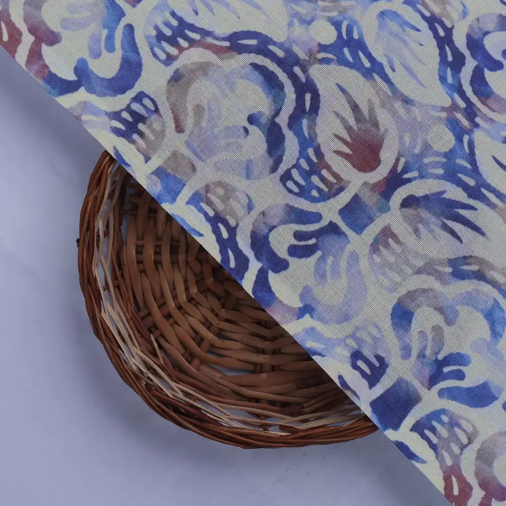 Blue and Brown Floral Printed Linen Fabric - Image 2
