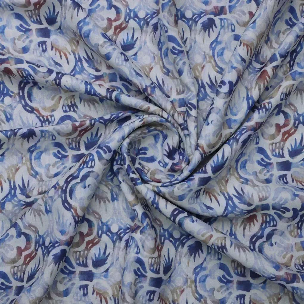 Blue and Brown Floral Printed Linen Fabric - Image 3