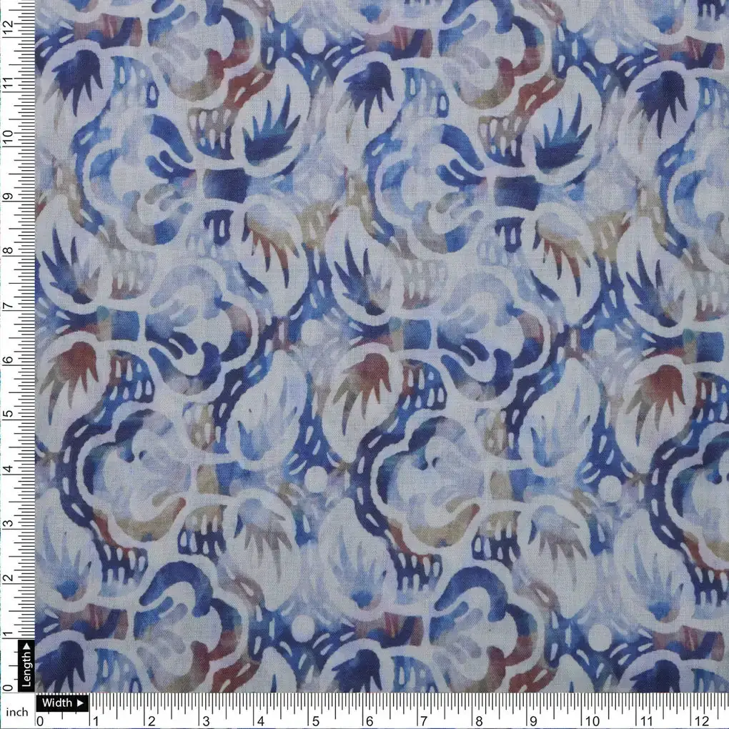 Blue and Brown Floral Printed Linen Fabric - Image 4