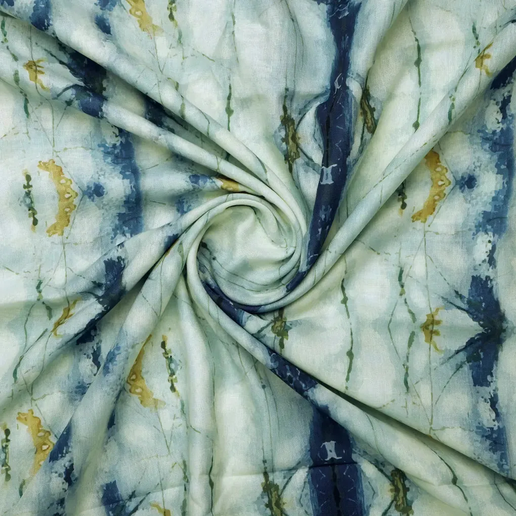 Blue and Green Hand Block Printed Linen Fabric - Image 3