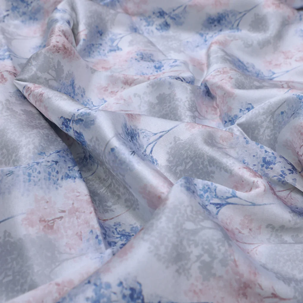 Blue and Pink Trees on White Satin Fabric - Image 3