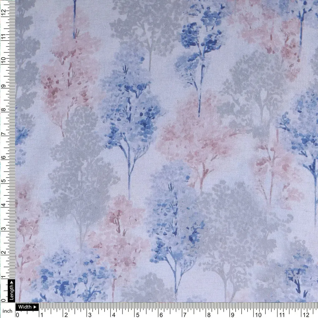 Blue and Pink Trees on White Satin Fabric - Image 4