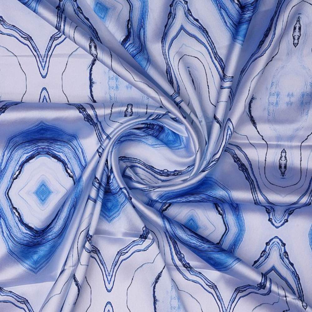 Blue and White Agate Abstract Print Japan Satin Fabric - Image 3