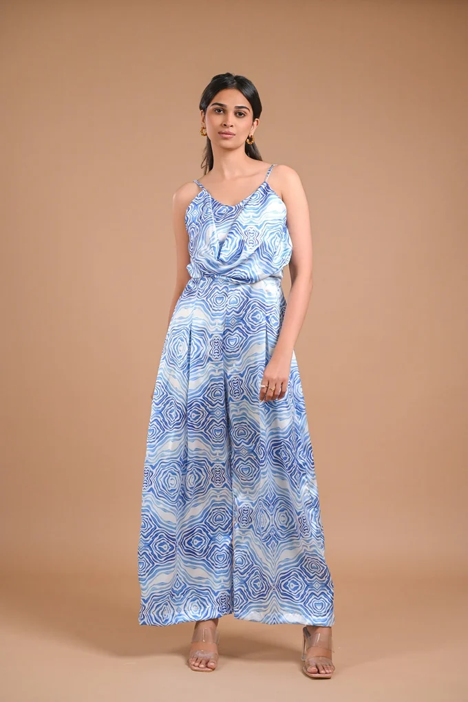 Blue and White Printed Satin Co-ord Set - Image 5
