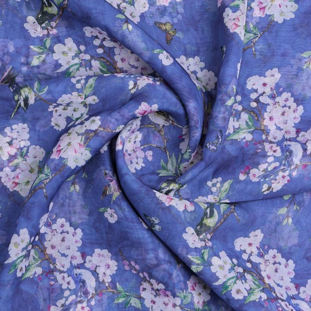 Blue Birds & Cherry Blossom Print Sheer Organza Fabric - Image 2