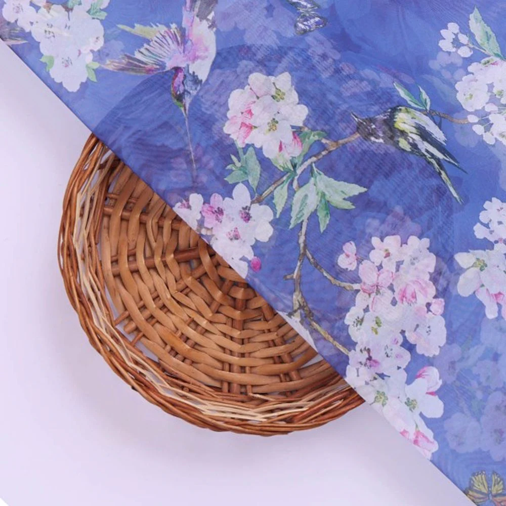 Blue Birds & Cherry Blossom Print Sheer Organza Fabric - Image 3