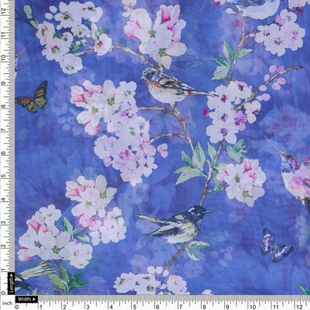 Blue Birds & Cherry Blossom Print Sheer Organza Fabric - Image 4