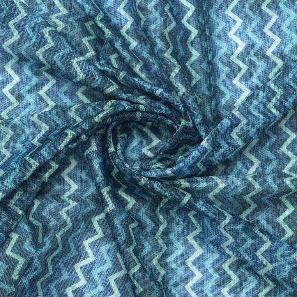 Blue Chevron Hand Block Printed Kota Doria Fabric - Image 3