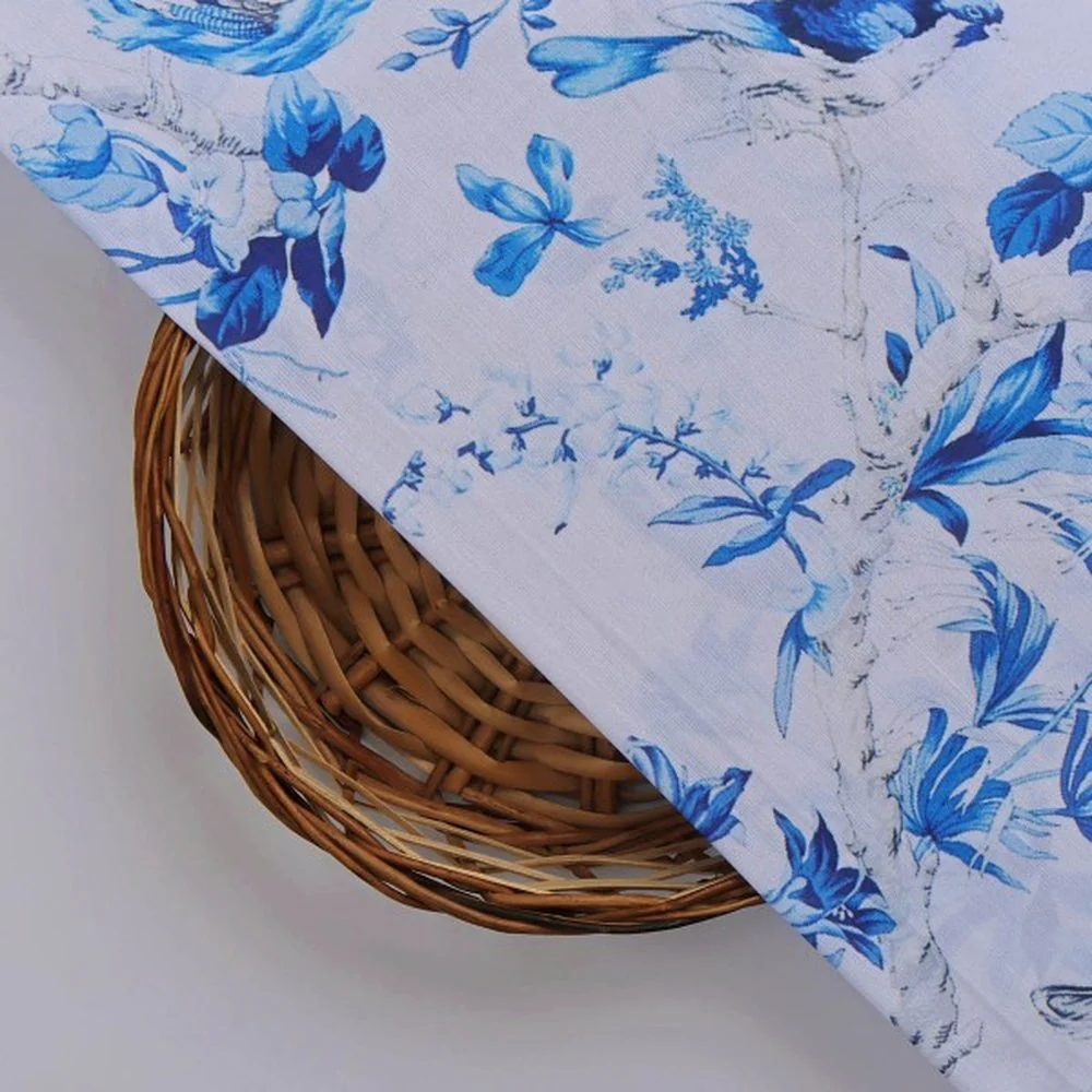 Blue Chinoiserie Bird & Floral Print Muslin Fabric - Image 2