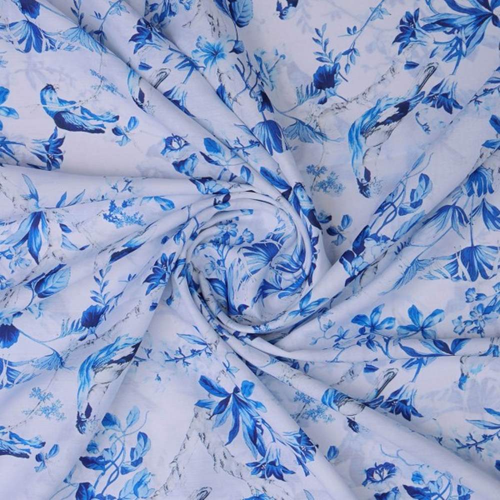 Blue Chinoiserie Bird & Floral Print Muslin Fabric - Image 3