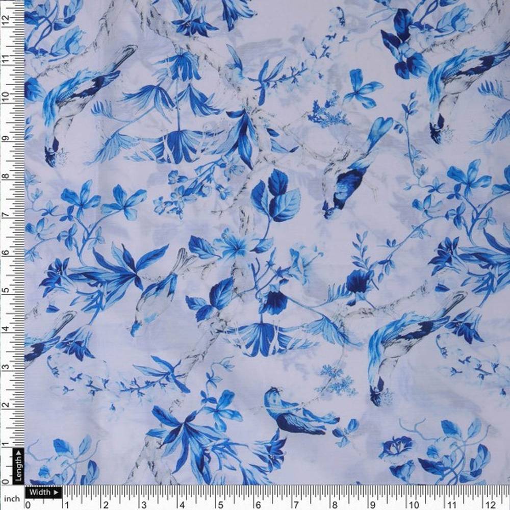 Blue Chinoiserie Bird & Floral Print Muslin Fabric - Image 4