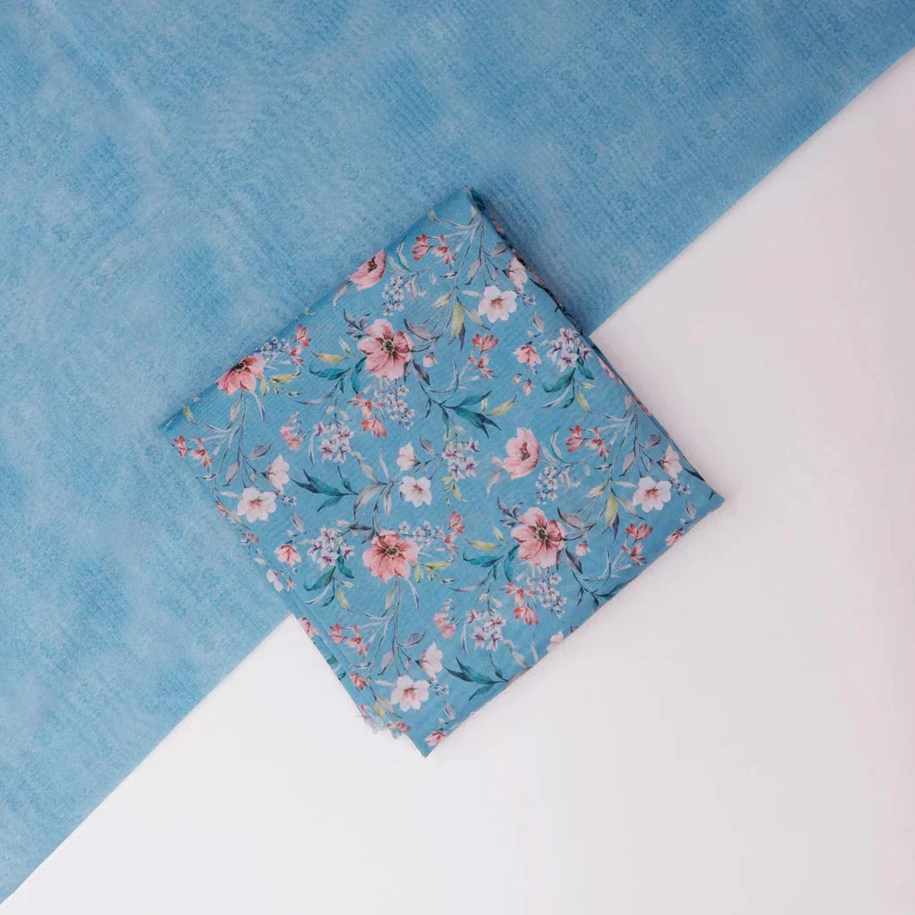 Blue Floral Chanderi Fabric Set 5 Meters - Image 2