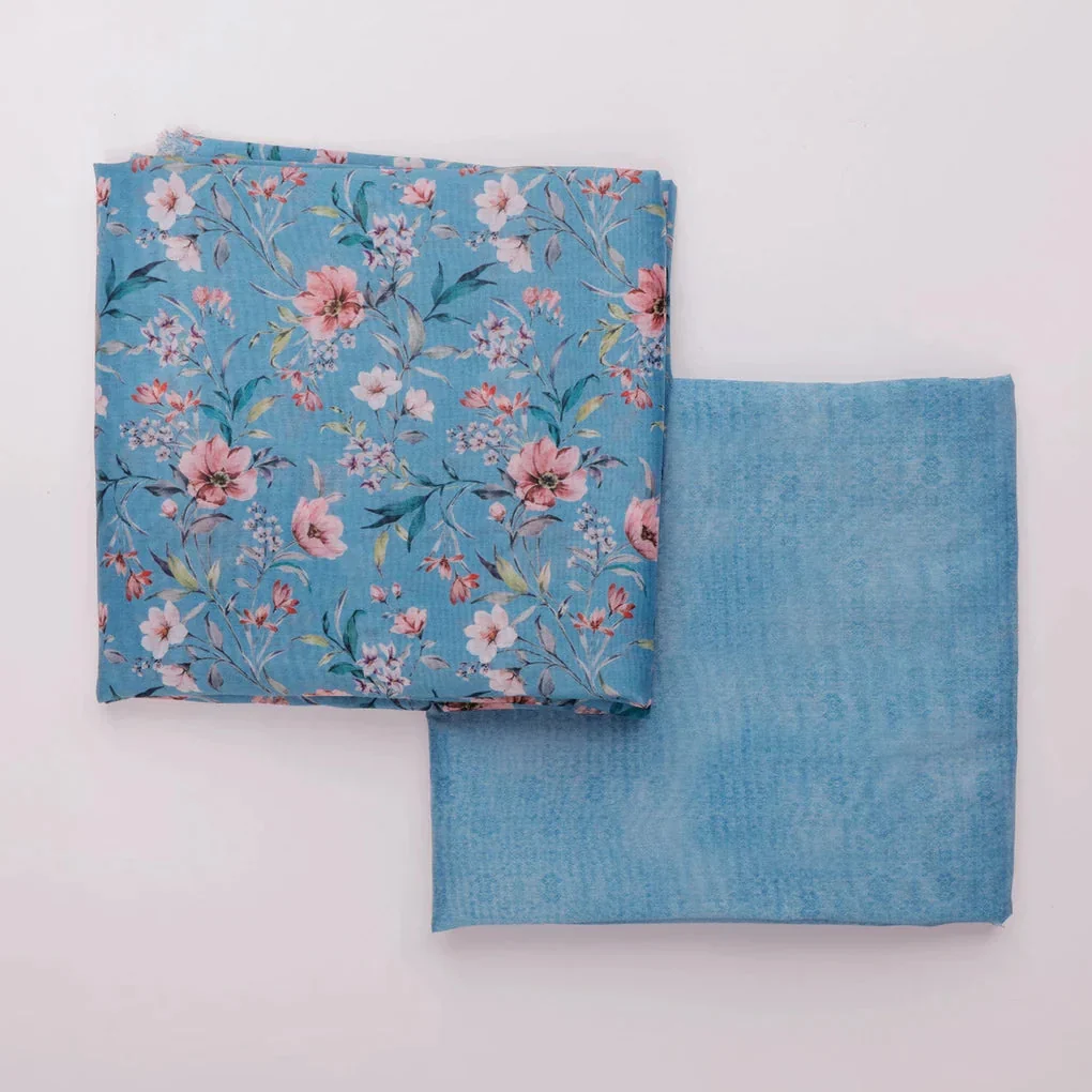 Blue Floral Chanderi Fabric Set 5 Meters - Image 4