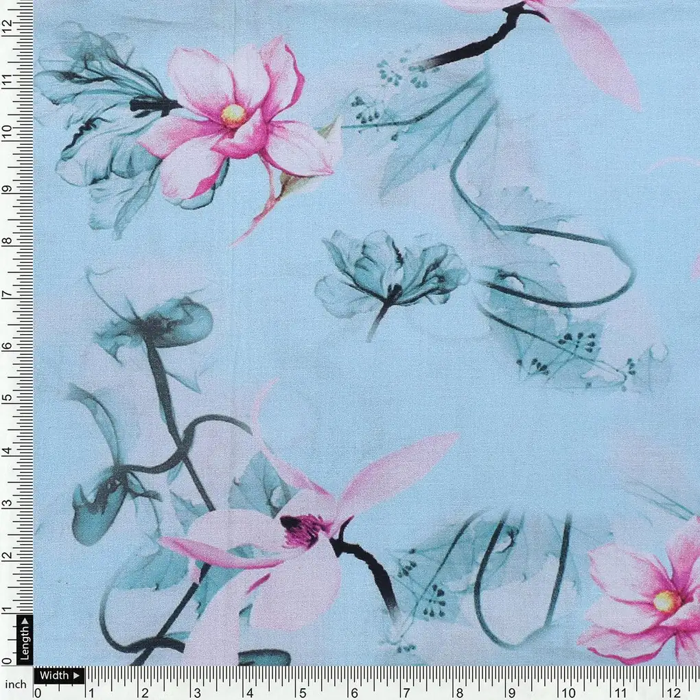 Blue Floral Digital Printed Fabric - Image 4