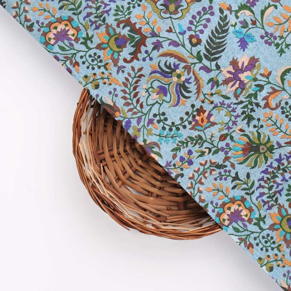 Blue Floral & Leaf Dola Silk Printed Fabric by FAB VOGUE Studio - Image 3