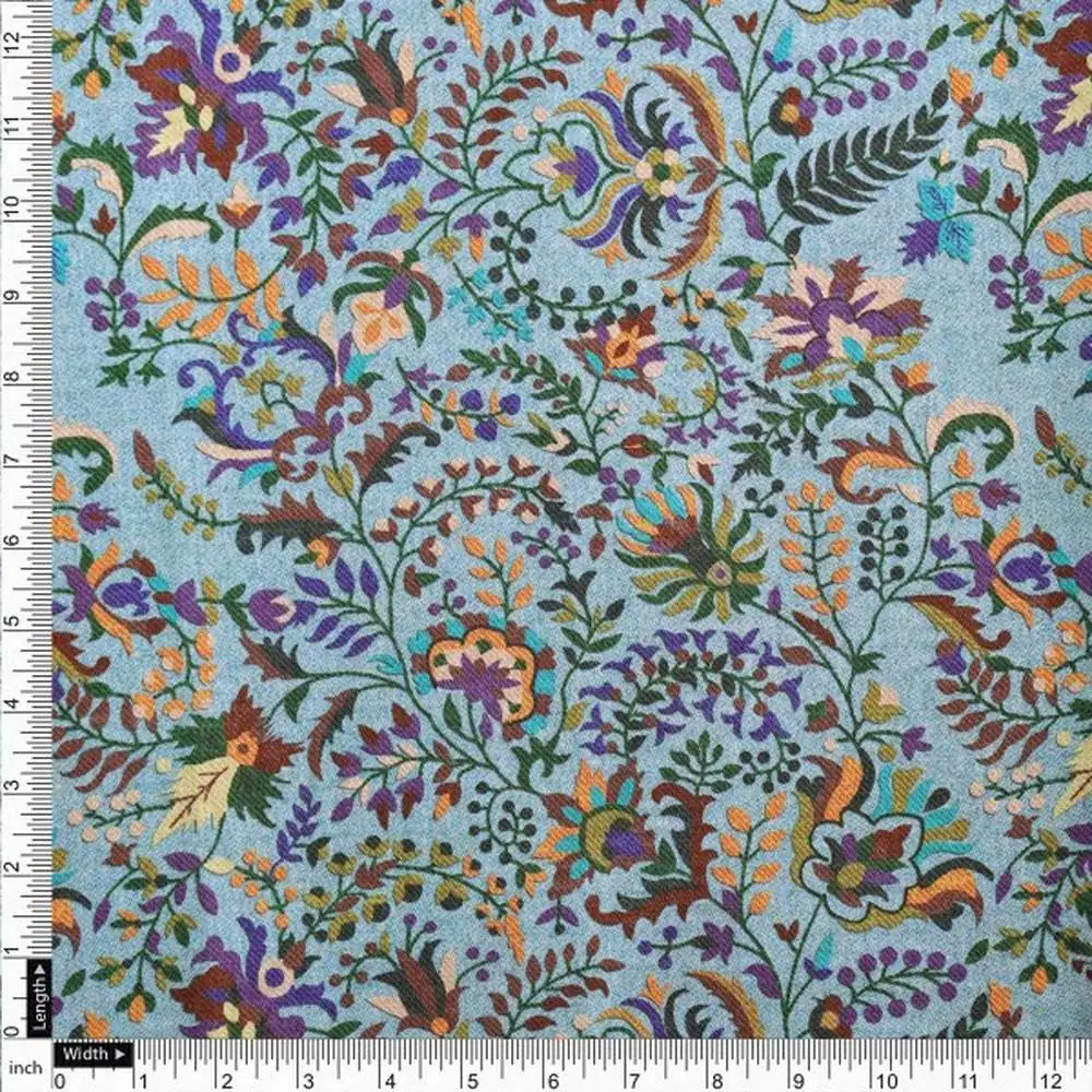Blue Floral & Leaf Dola Silk Printed Fabric by FAB VOGUE Studio - Image 4