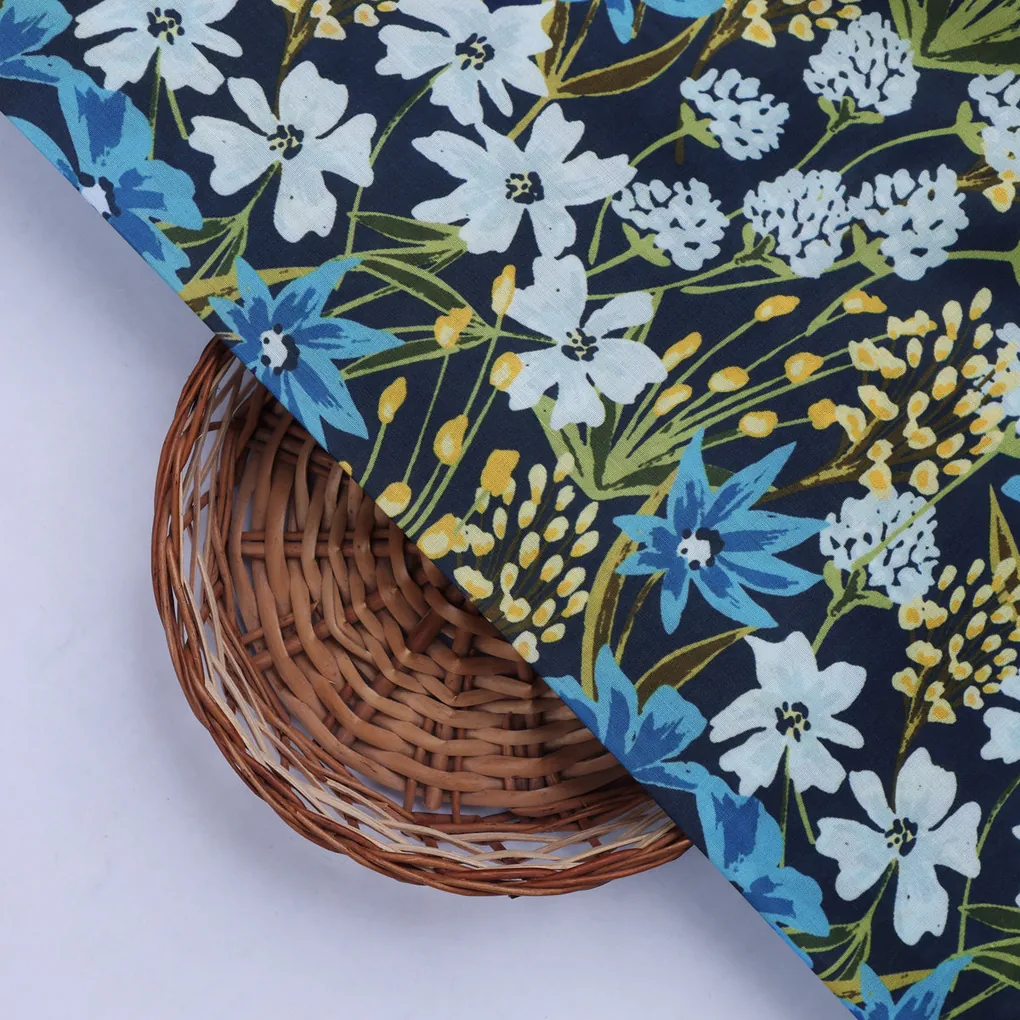 Blue Floral Muslin Fabric - Image 3
