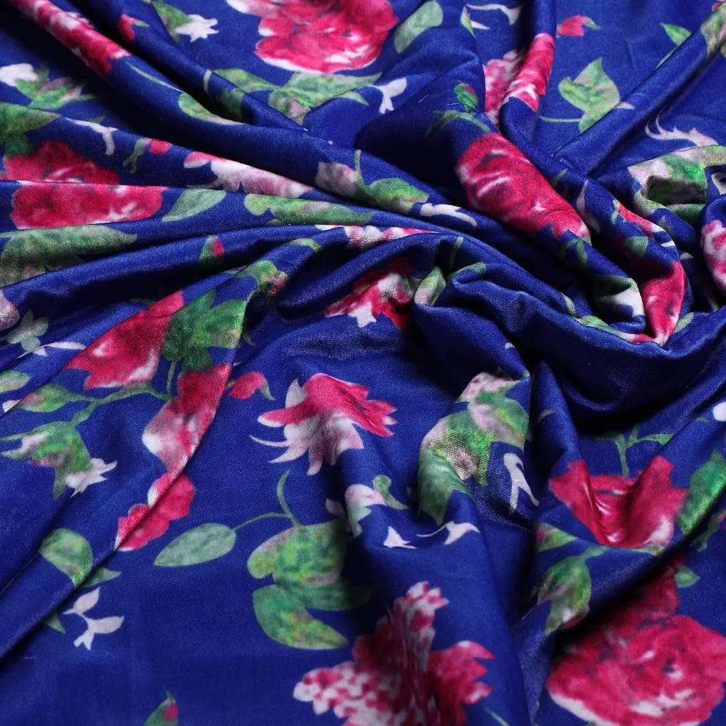 Blue Floral Pattern Velvet Printed Fabric - Image 3