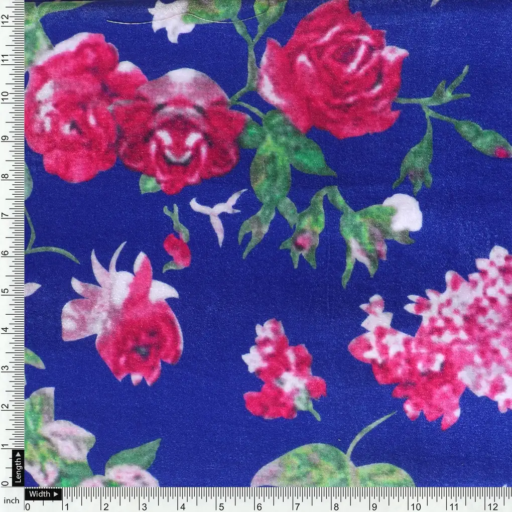 Blue Floral Pattern Velvet Printed Fabric - Image 4