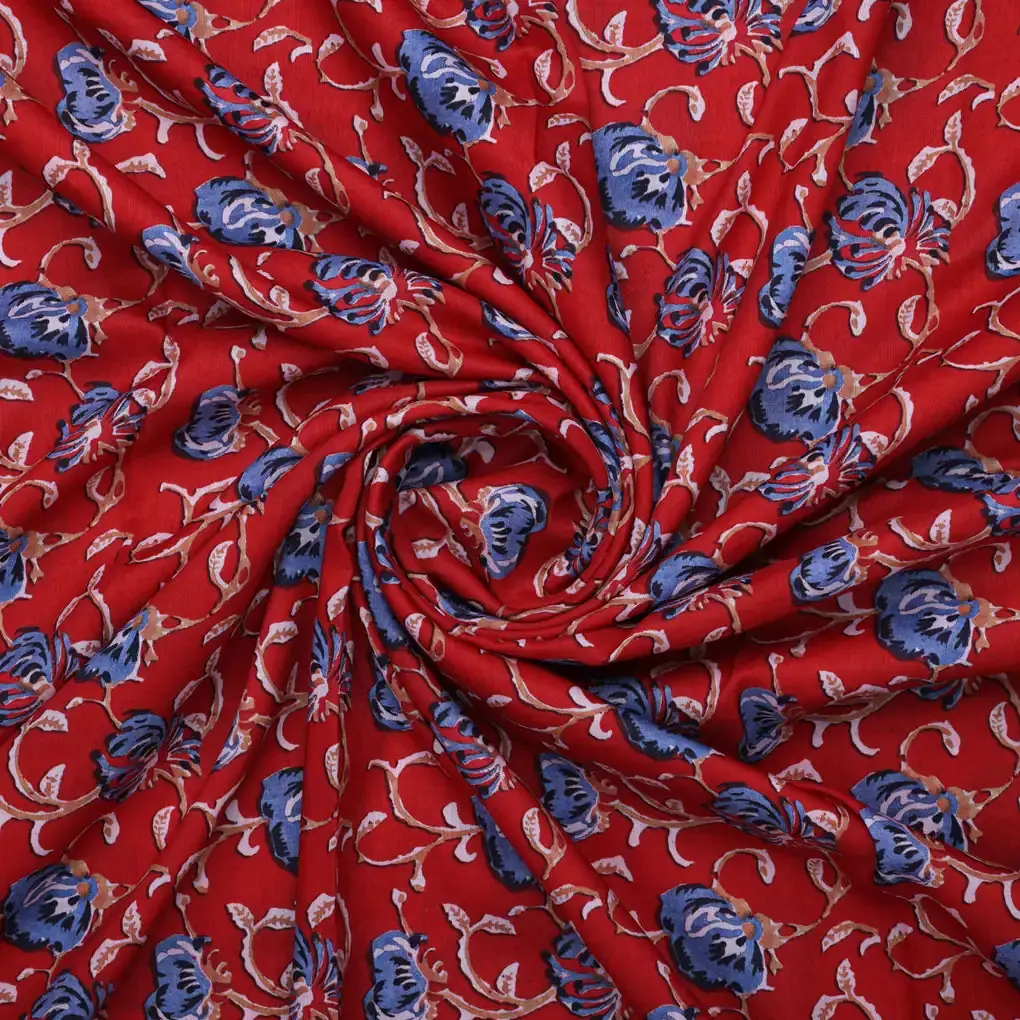 Blue Floral Print Muslin Fabric - Image 3