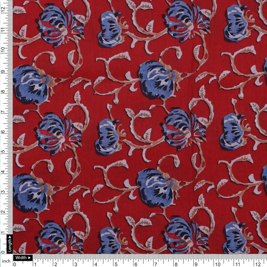 Blue Floral Print Muslin Fabric - Image 4