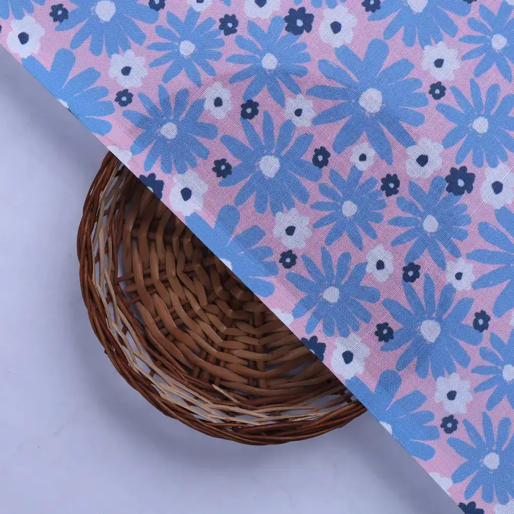Blue Floral Printed Linen Fabric - Image 2