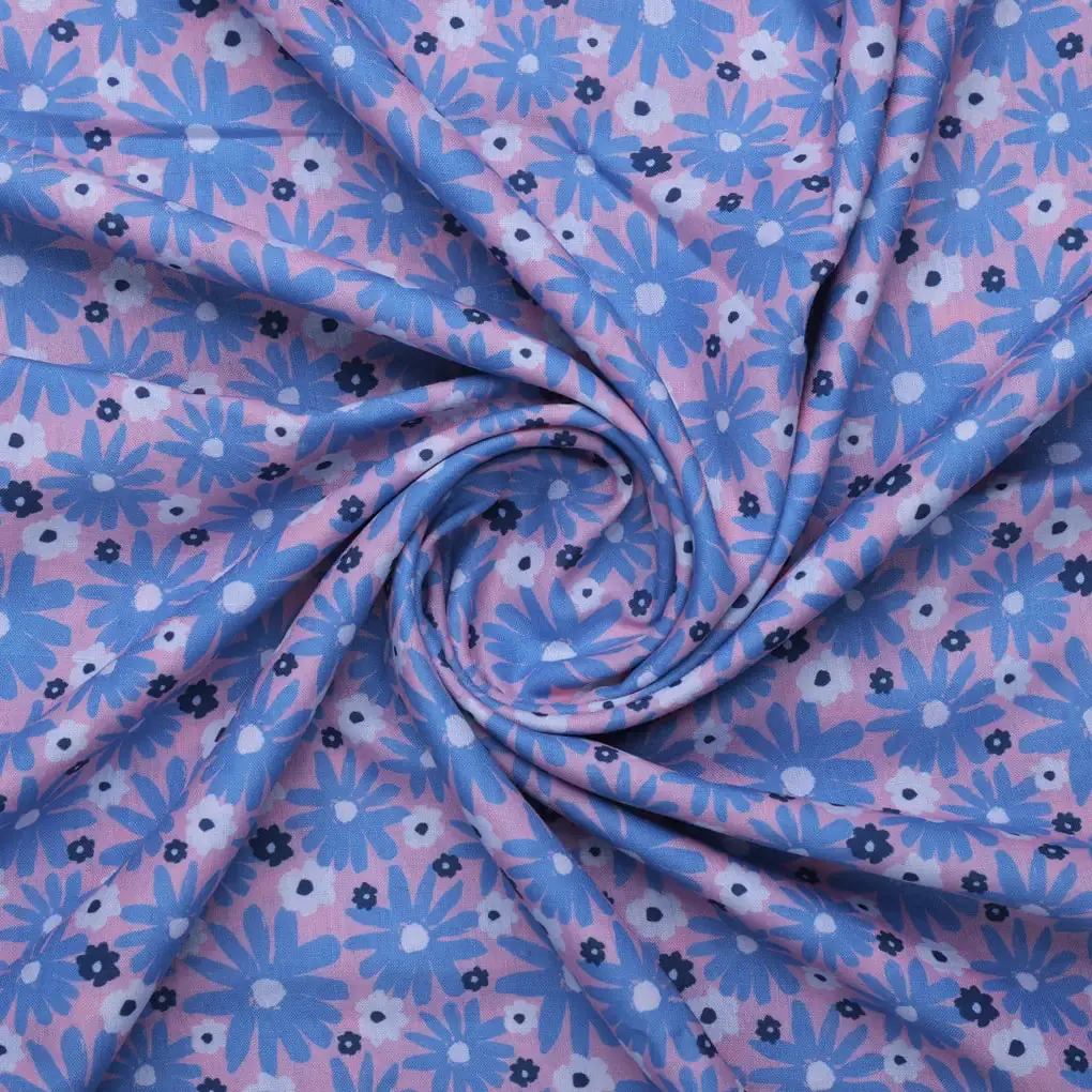 Blue Floral Printed Linen Fabric - Image 3
