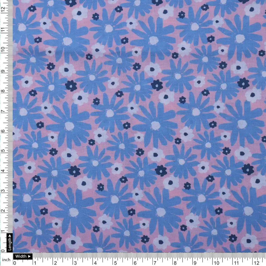 Blue Floral Printed Linen Fabric - Image 4