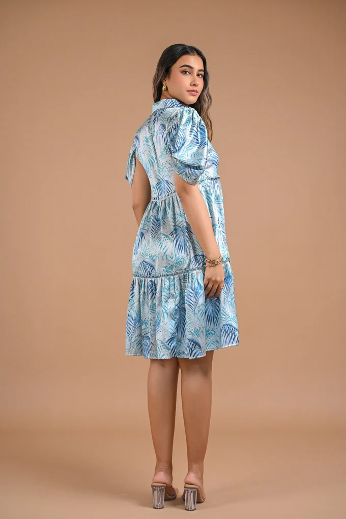 Blue Floral Puff Sleeve Mini Dress - Image 3