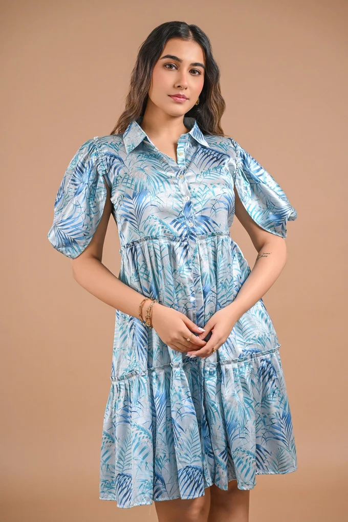 Blue Floral Puff Sleeve Mini Dress - Image 4