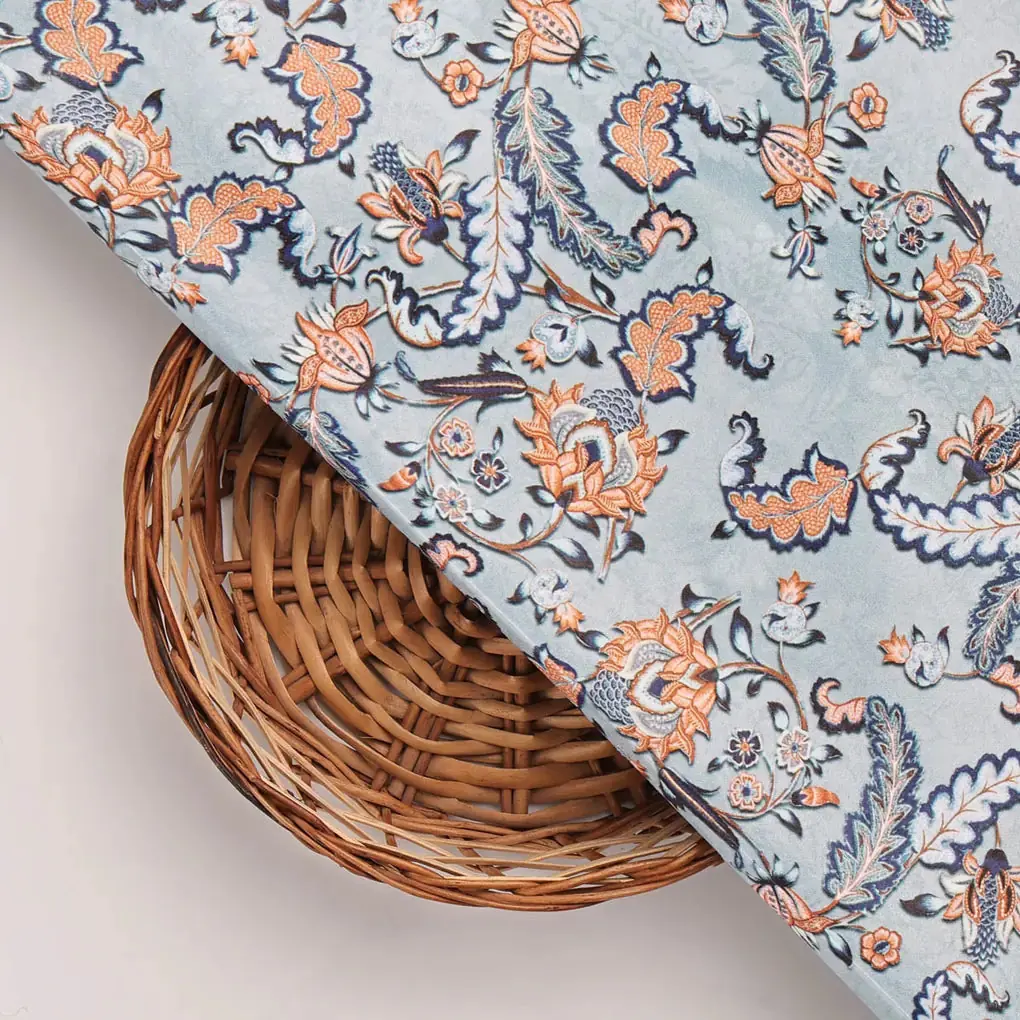 Blue Floral Velvet Fabric - Image 3